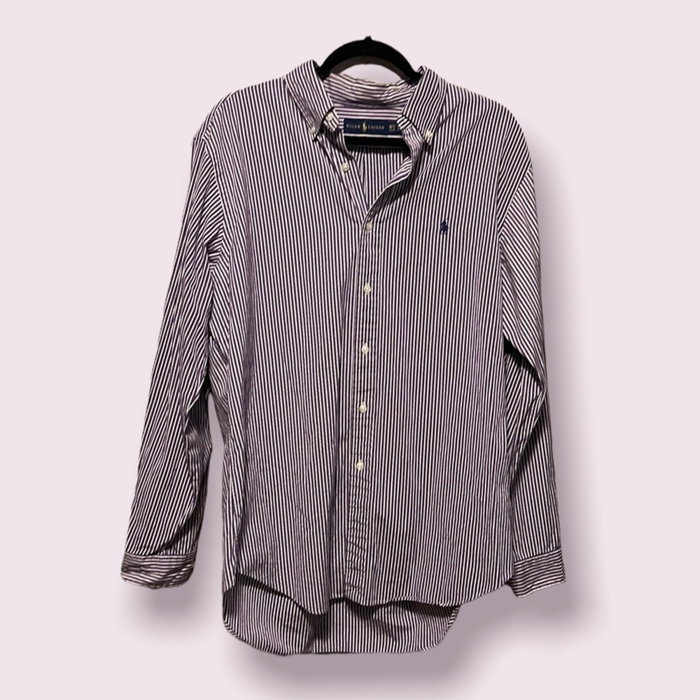 RALPH Lauren Button Down Size 16 1/2 34/35 Purple White Stripe 100% Cotton